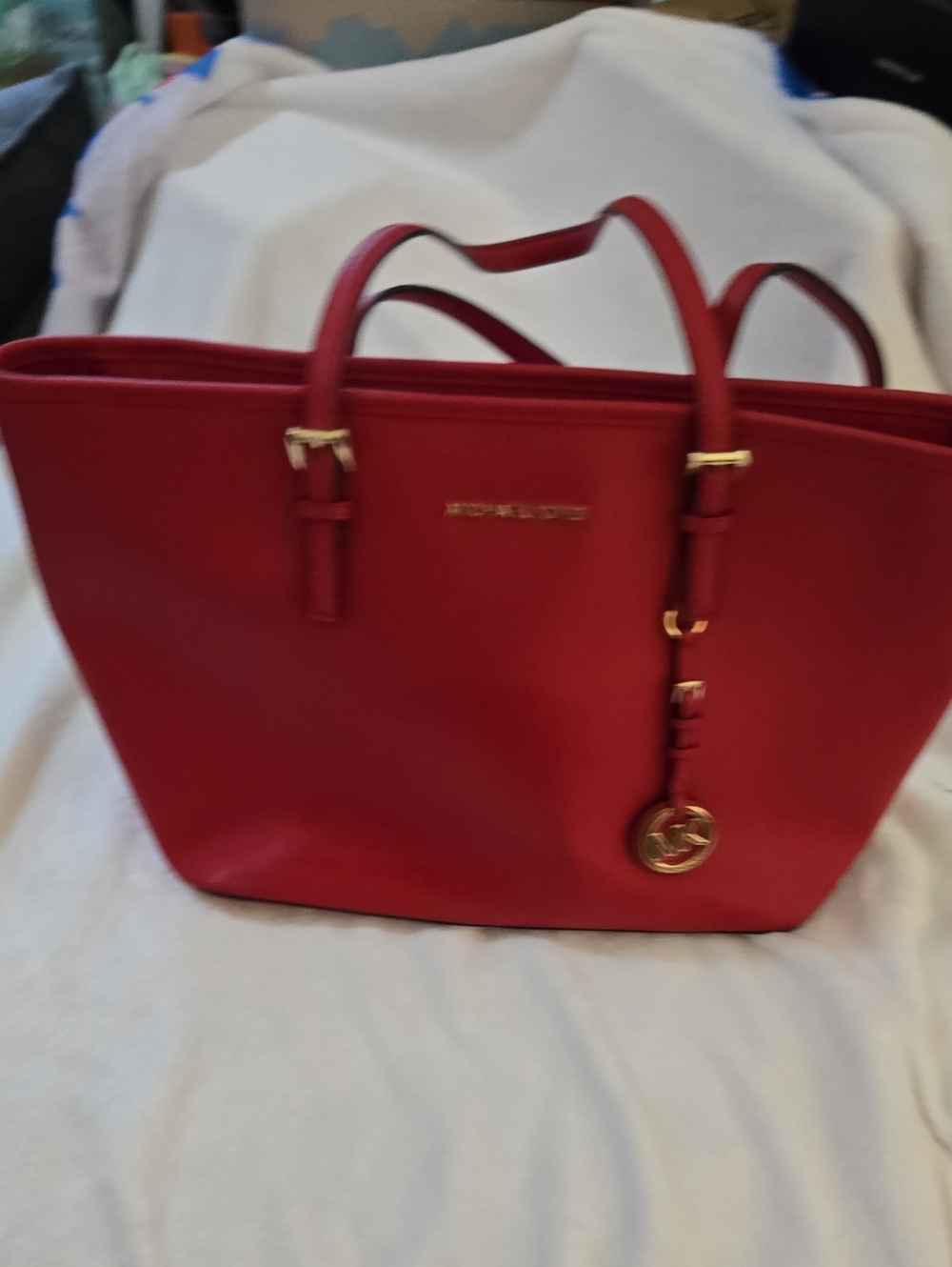 Michael Kors Red Saffiano Tote with Gold Charm